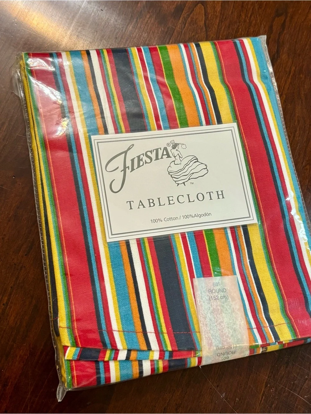 NOS Fiesta 100% Cotton Tablecloth 60” round Fiesta Rainbow Burst - striped new